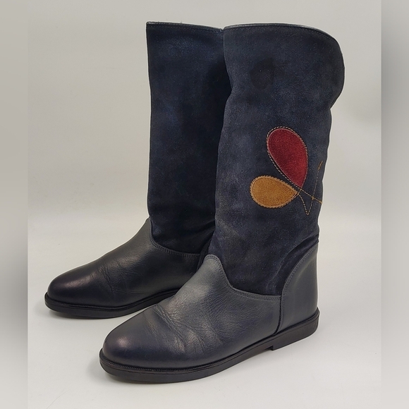 M Made In Italy Shoes - Navy Black Leather Suede Winter Women's Boots Sz 36 w/ Appique